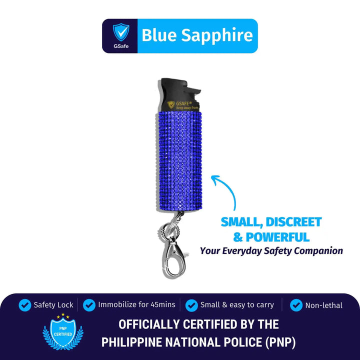 GSafe Blue Rhinestones pepper spray with safety lock, keychain clip, and compact design for quick access and everyday personal safety.
