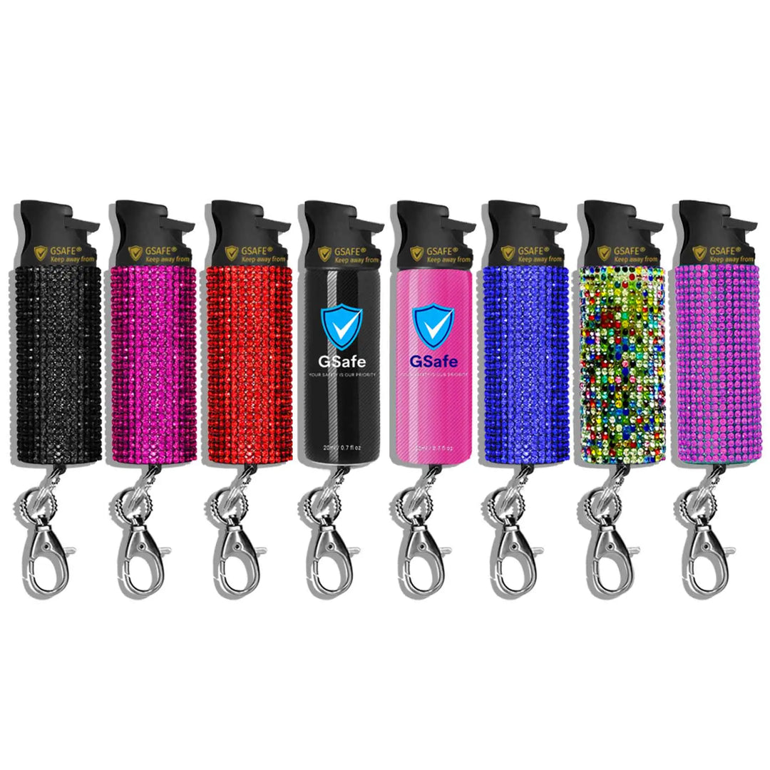 GSafe Pepper Spray Colorful Rhinestones personal safety spray with keychain clip.