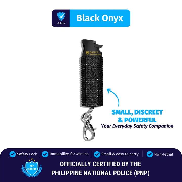 GSafe Pepper Spray Black Rhinestones personal safety spray with keychain clip.