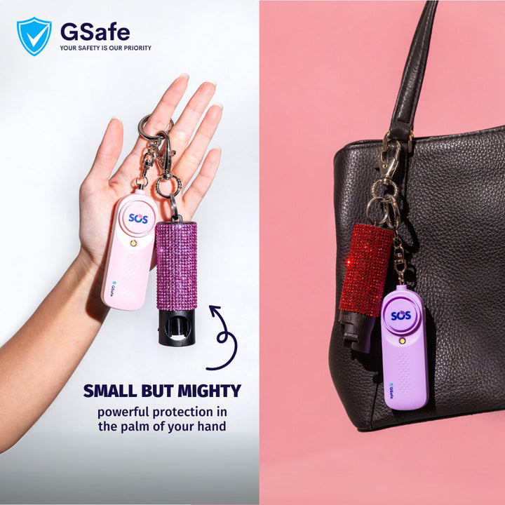 Compact GSafe pepper spray keychain shown in hand and attached to a handbag for convenient everyday personal safety and quick access.