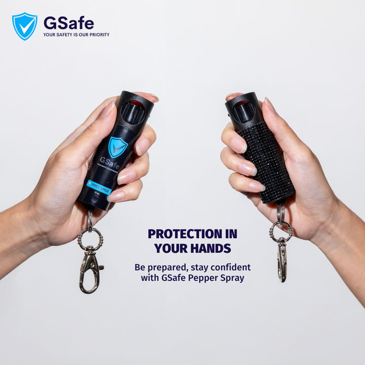 Hands holding GSafe pepper spray with an ergonomic grip for quick access and confident everyday personal safety.