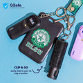 GSafe pepper spray keychain clipped to an ID holder, bag, or pocket for quick access and everyday personal safety carry.
