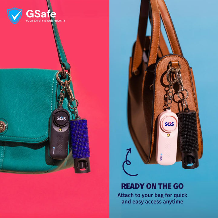 GSafe pepper spray keychain attached to handbags for quick access, secure everyday carry, and personal safety while commuting, shopping, or traveling.
