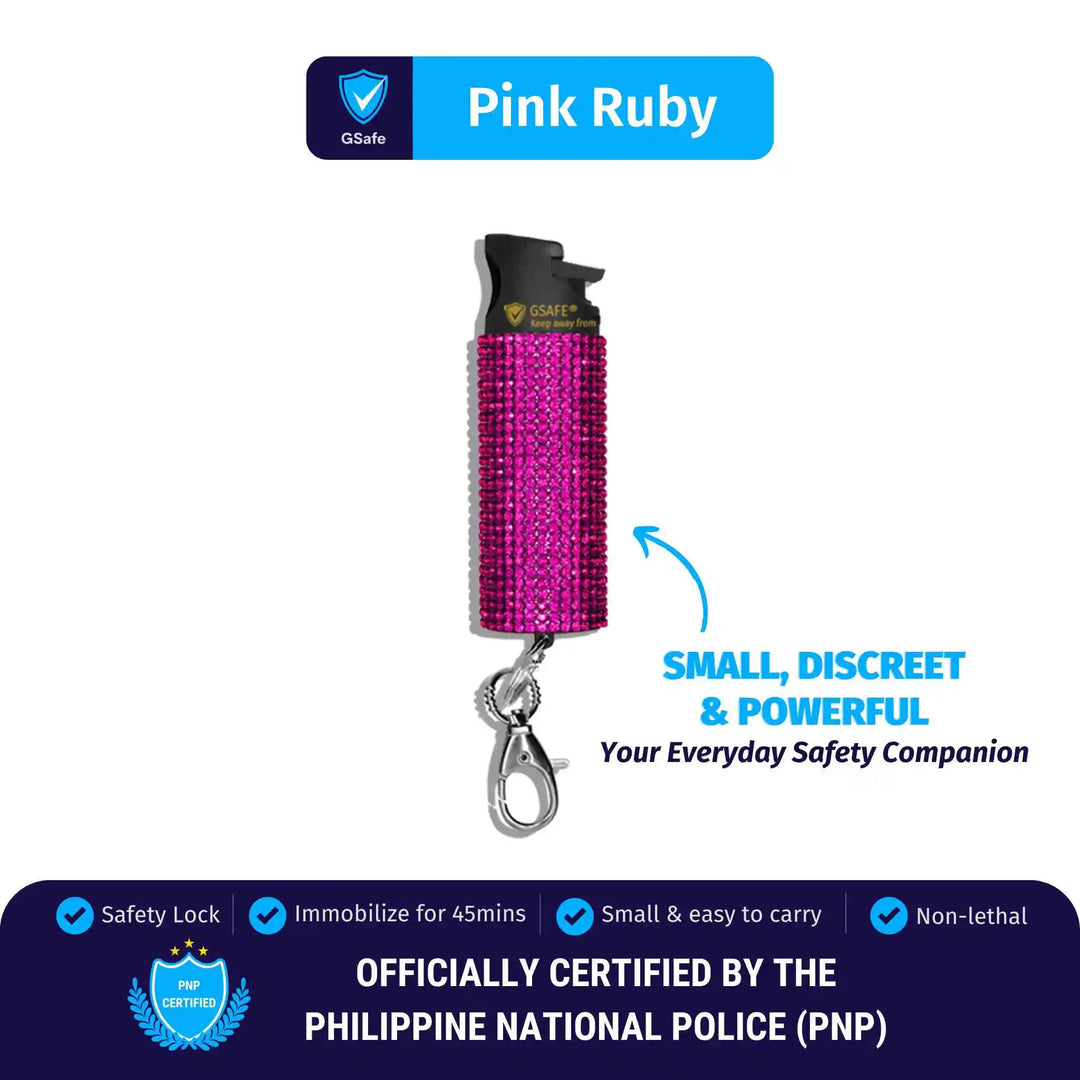 GSafe Pink Rhinestones pepper spray with safety lock, keychain clip, and compact design for quick access and everyday personal safety.
