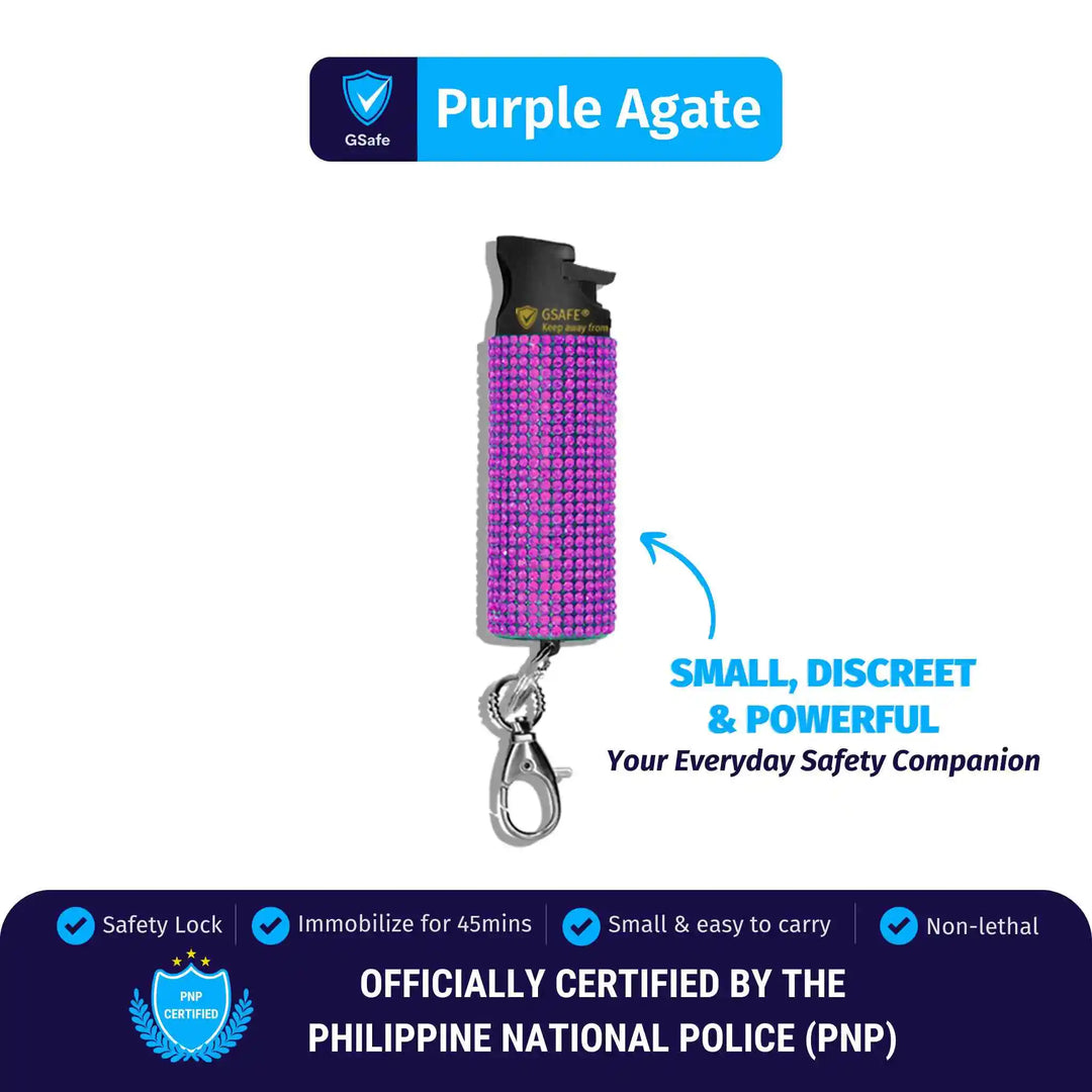 GSafe Purple Rhinestones pepper spray with safety lock, keychain clip, and compact design for quick access and everyday personal safety.