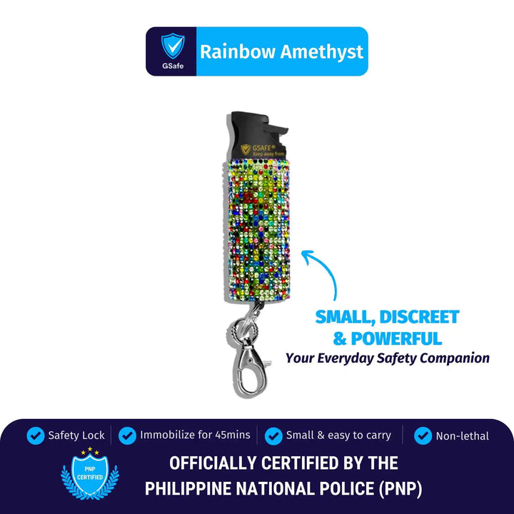GSafe Rainbow Rhinestones pepper spray with safety lock, keychain clip, and compact design for quick access and everyday personal safety.