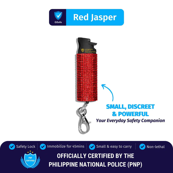 GSafe Red Rhinestones pepper spray with safety lock, keychain clip, and compact design for quick access and everyday personal safety.