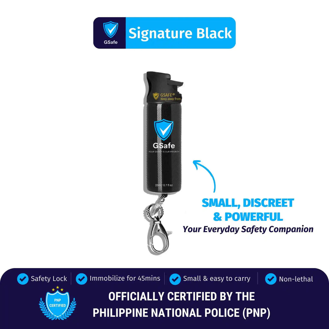 GSafe Signature Black pepper spray with safety lock, keychain clip, and compact design for everyday personal safety.