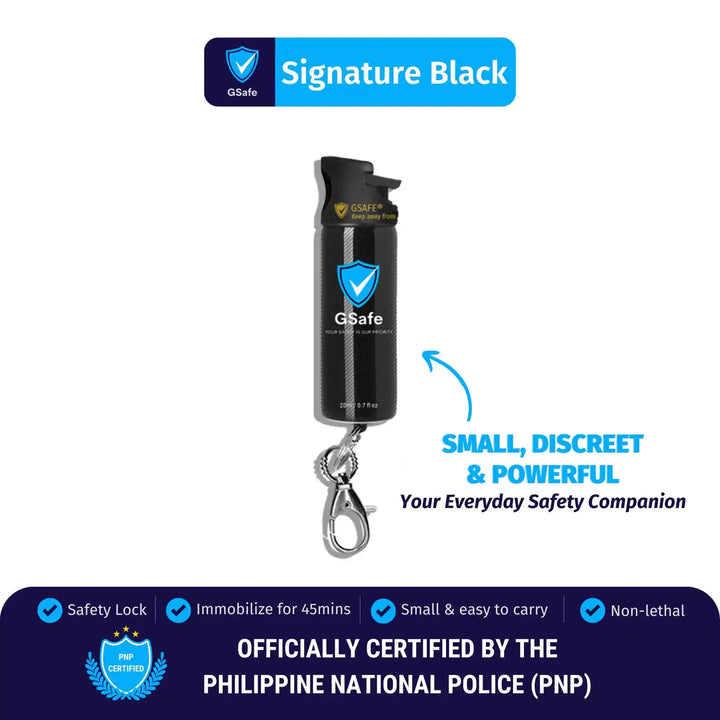 GSafe Signature Black pepper spray with safety lock, keychain clip, and compact design for everyday personal safety.