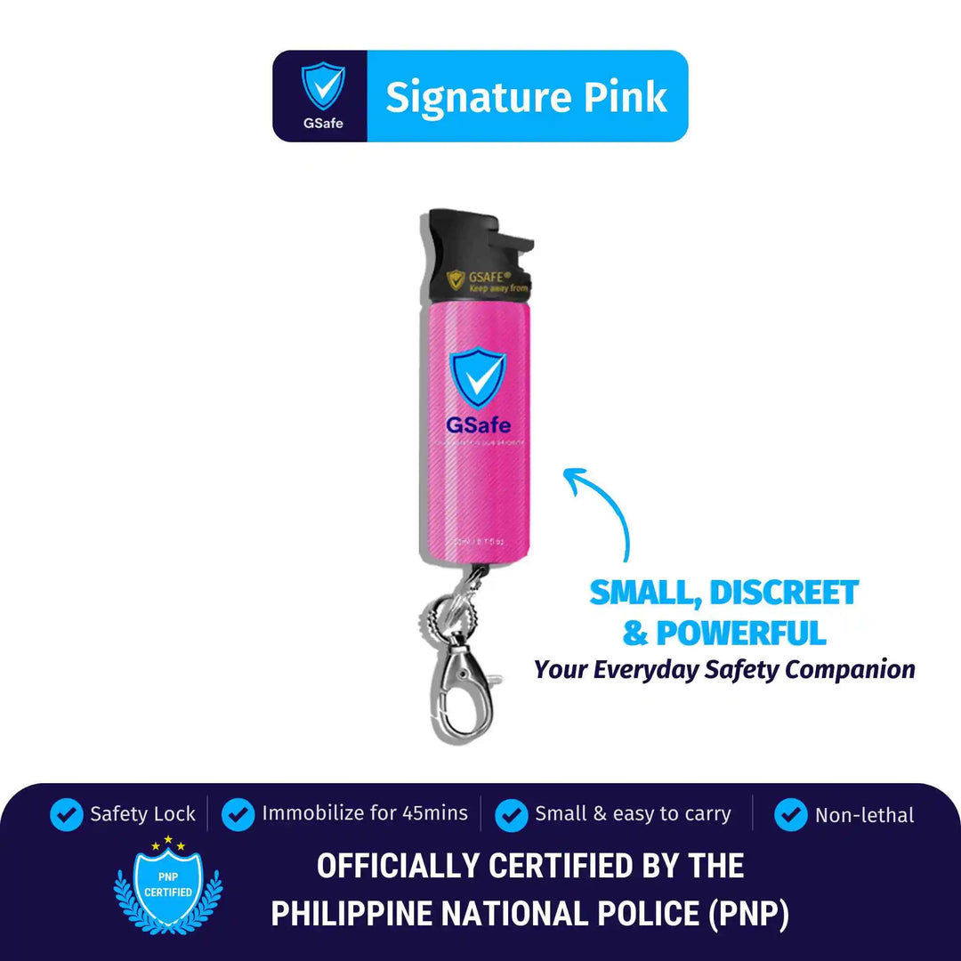 GSafe Signature Pink pepper spray with safety lock, keychain clip, and compact design for everyday personal safety.