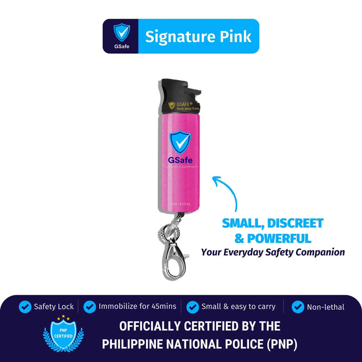 GSafe Signature Pink pepper spray with safety lock, keychain clip, and compact design for everyday personal safety.